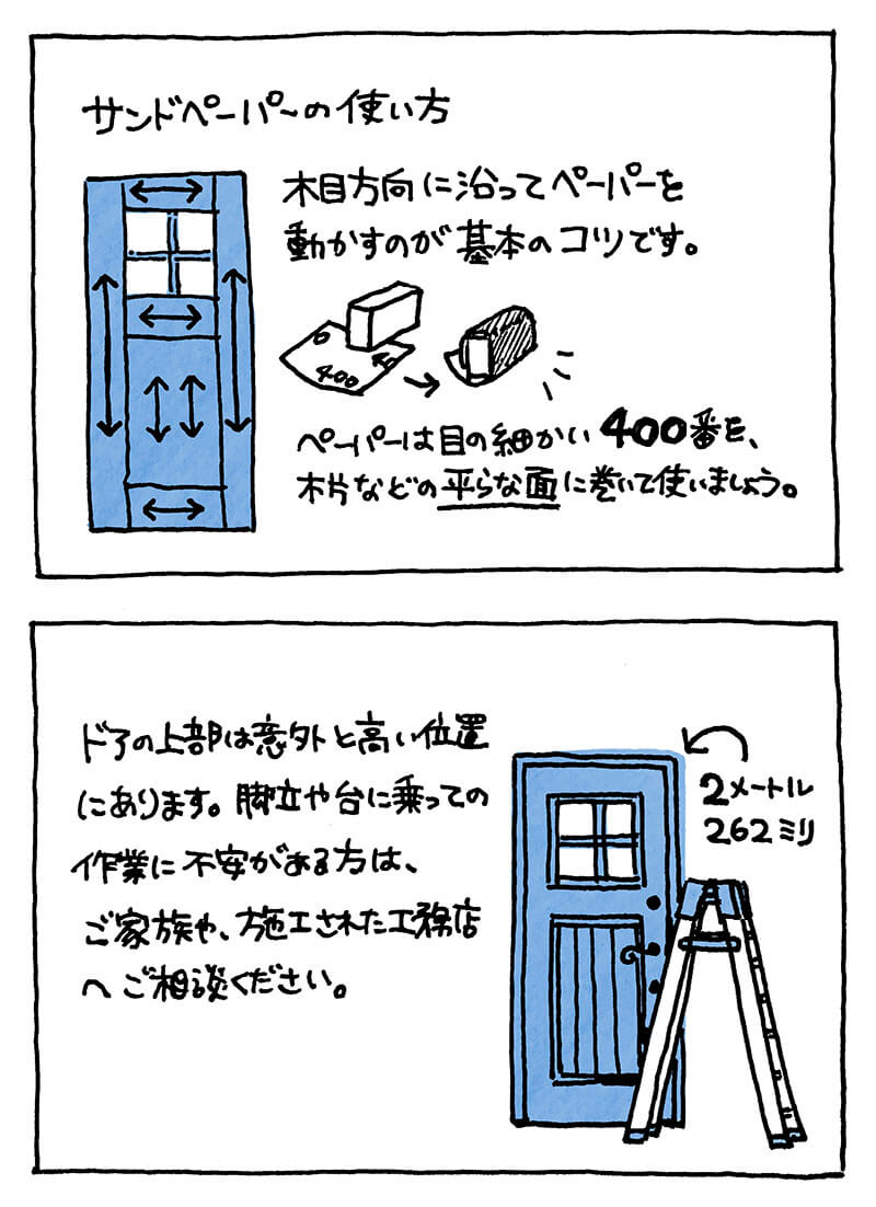 木製玄関ドアのメンテナンス　サンドペーパーの使い方