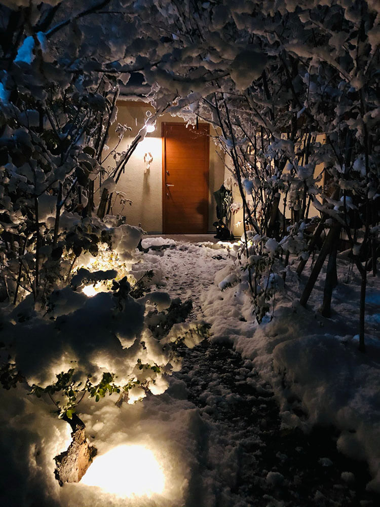 雪が積もった夜の庭と木製玄関ドアの写真